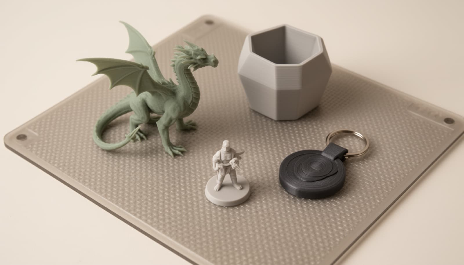 A 3D printed dragon, planter, miniature and keychain on a textured build plate